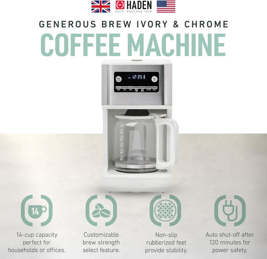 HADEN Generous Brew 14 Cup Coffee Maker with 120 Minute Keep Warm, Delay Brew, Adjustable Strength, Programmable Clock, and anti Drip, Ivory/Chrome