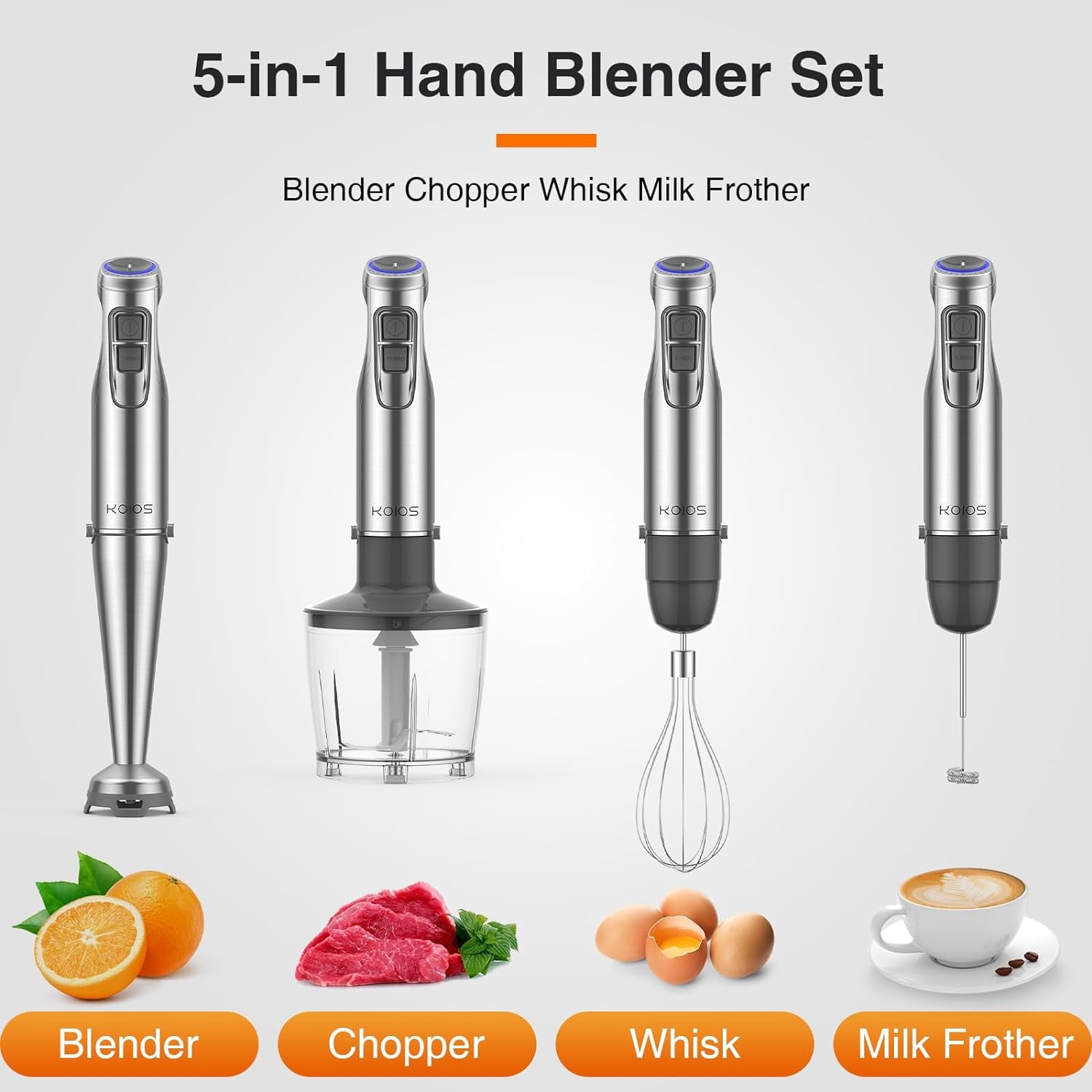 KOIOS 1100W Immersion Hand Blender, Stainless Steel Stick Blender with 12-Speed & Turbo Mode, 5-In-1 Handheld Blender with 600 Ml Mixing Beaker with Lid, 500 Ml Chopper, Whisk, Milk Frother, Bpa-Free