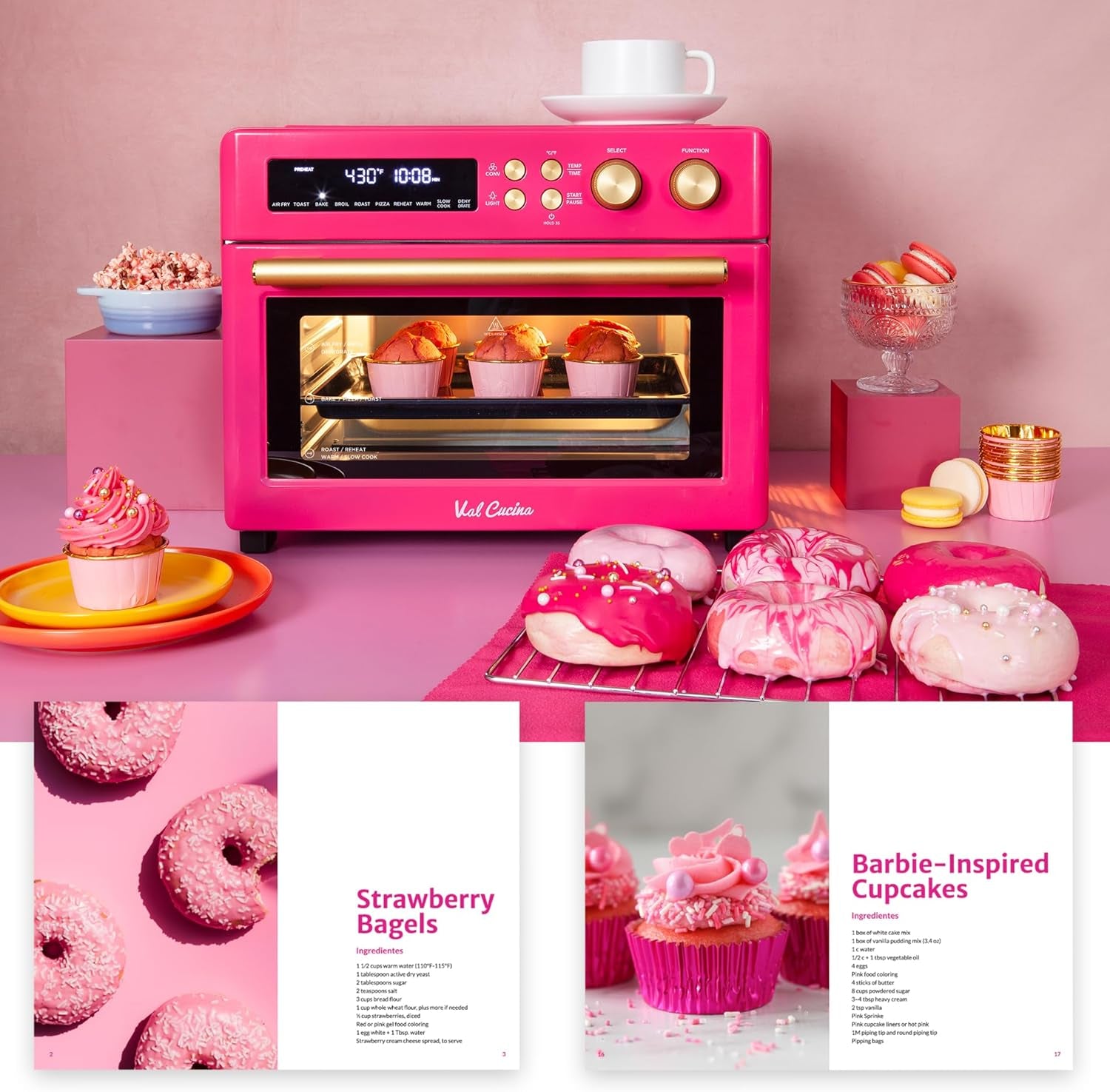 Limited Edition Happy Pink Infrared Heating Air Fryer Toaster Oven, Extra Large Countertop Convection Oven 10-In-1 Combo, 6-Slice Toast, Enamel Baking Pan Easy Clean with Recipe Book