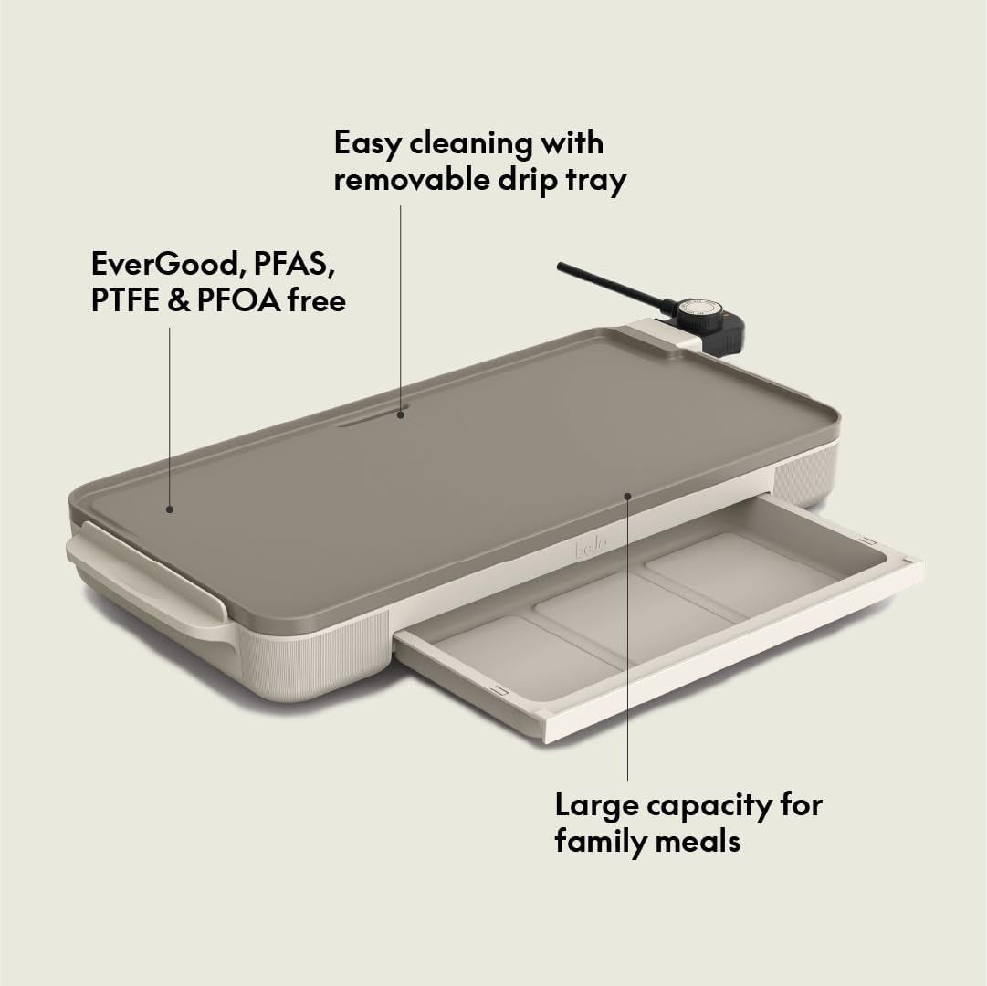 Bella 10" X 20" Electric Griddle with Warming Tray, Evergood™ Ceramic Nonstick Coating & Removable Temperature Probe, Dishwasher-Safe Drip Tray & Cool Touch Handles, 1500 Watt, Oatmilk