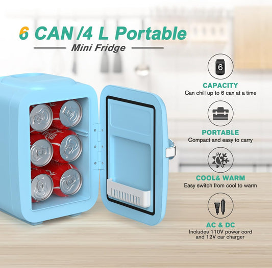 CROWNFUL Mini Fridge 4 Liter 6 Can Portable Cooler and Warmer Fridge for Skin Care & Cosmetics (Blue)