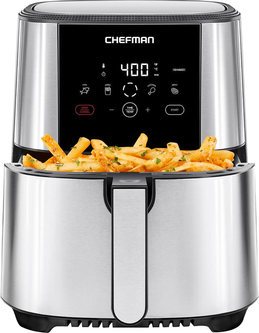 Chefman Turbofry Touch Air Fryer, Large 5-Quart Family Size, One Touch Digital Control Presets, French Fries, Chicken, Meat, Fish, Nonstick Dishwasher-Safe Parts, Automatic Shutoff, Stainless Steel