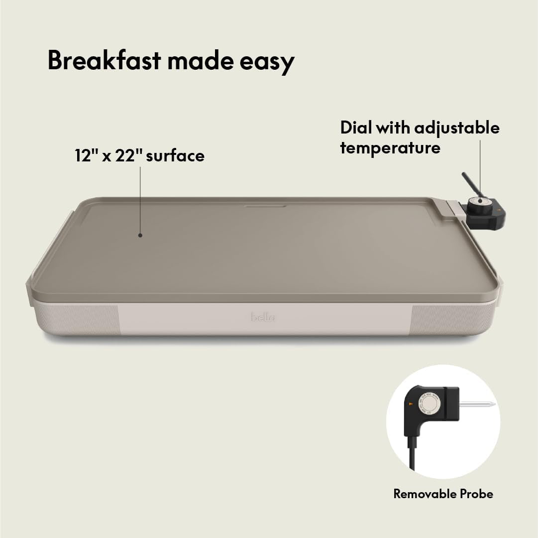 Bella 12" X 22" Electric Griddle with Evergood™ Ceramic Nonstick Coating, Removable Temperature Probe, Dishwasher-Safe Drip Tray & Cool Touch Handles, Cook up to 15 Eggs, 1500 Watt, Oatmilk