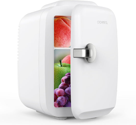 CROWNFUL Mini Fridge 4 Liter 6 Can Portable Cooler and Warmer Fridge for Skin Care & Cosmetics (White)