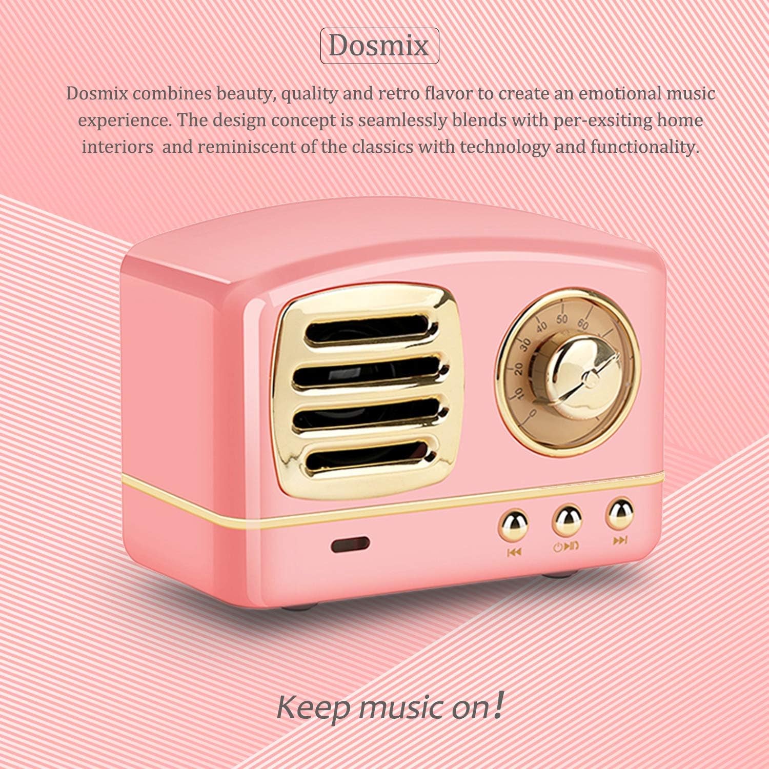 Dosmix Wireless Retro Speakers with Powerful Sound Alexa Support Pink