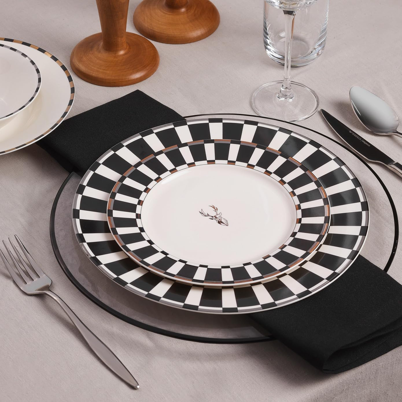 Karaca Aries Black 24 Piece Dinner Set for 6 People, Stylish, Elegant, Black White Borders, Gold and Silver Accents, Dinner Set Porcelain