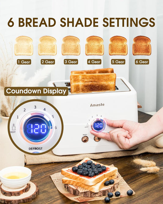 2 Slice Toaster, Retro Bread Toaster with LED Digital Countdown Timer, Extra Wide Slots Toasters with 6 Shade Settings, Bagel, Cancel, Defrost Function, High Lift Lever, Removal Crumb Tray, White