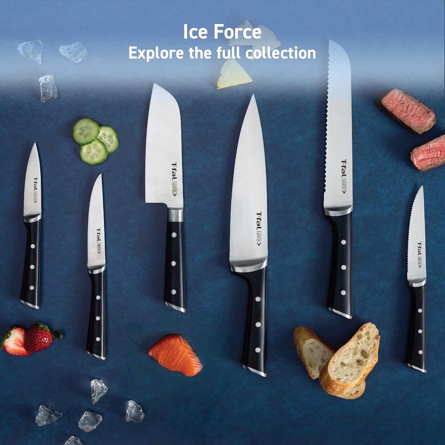 T-Fal Ice Force German Stainless Steel Kitchen Knife Set and Wood Block 11 Piece, Long Lasting Sharpness, High Cutting Precision, Superior Durability, Ultra Sharp Blades, Cookware Kitchen Gadget Black