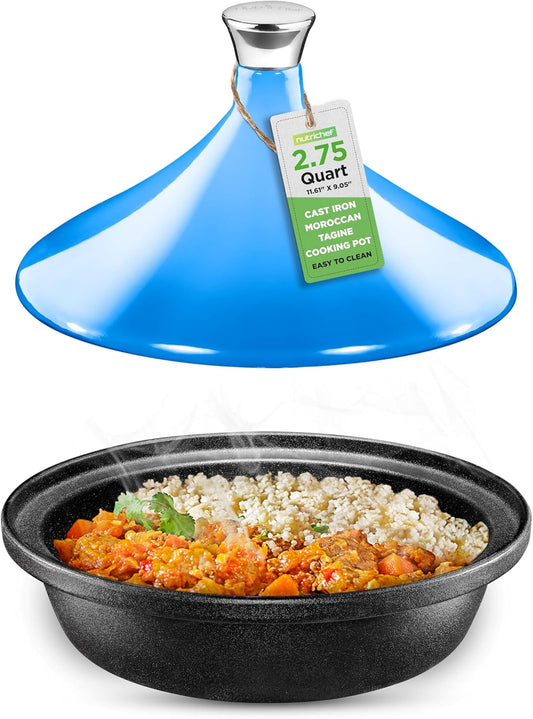 Nutrichef Cast Iron Moroccan Tagine - 11.6 Inch Tajine Cooking Pot with Stainless Steel Knob, Enameled Base, Cone-Shaped Enameled Lid - Oven and Dishwasher Safe - 2.75 Quart, Blue