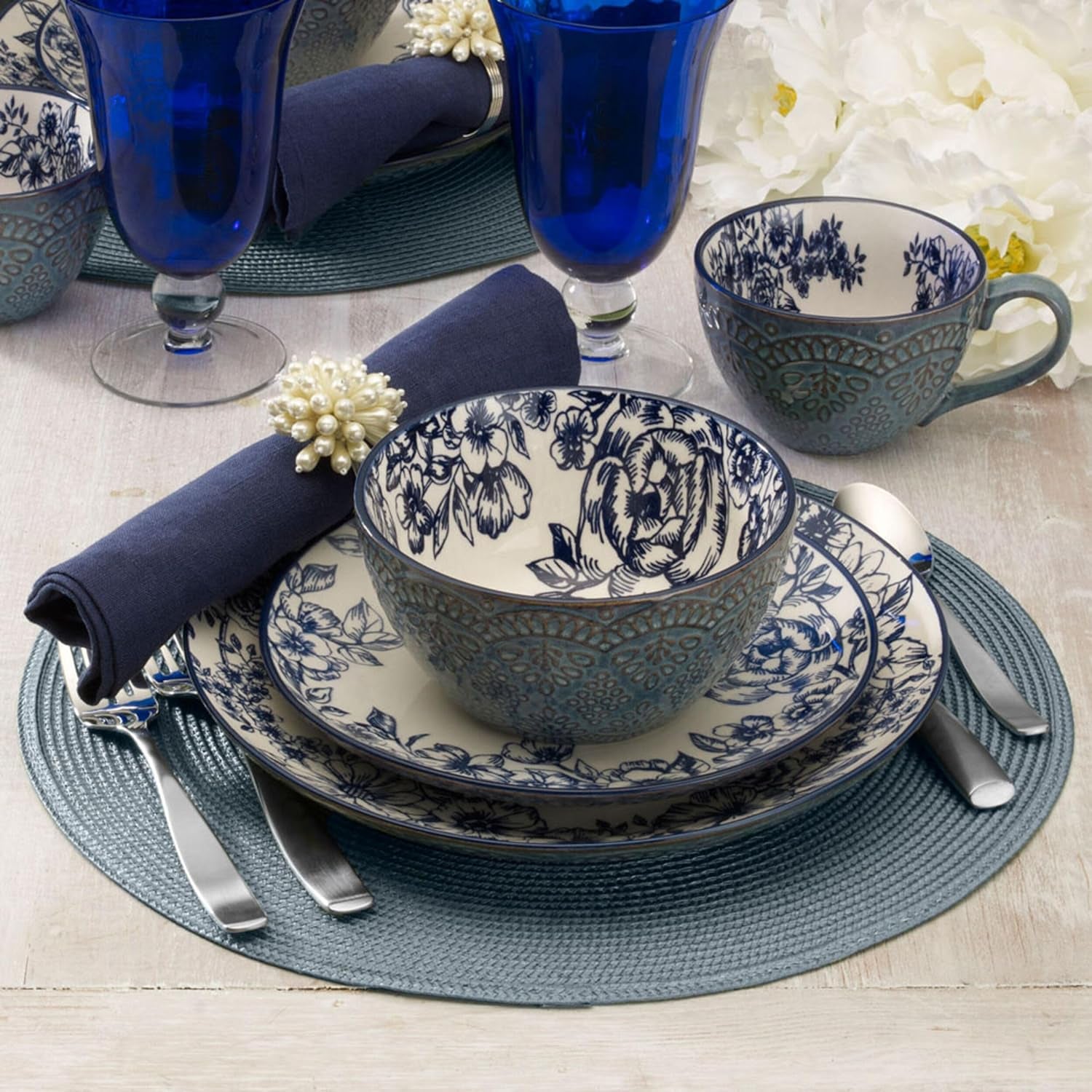 Pfaltzgraff 5216941 Gabriela Blue 16-Piece Dinnerware Set, Service for 4