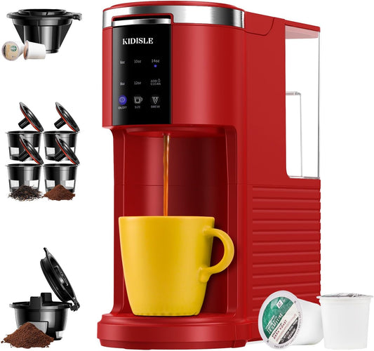 3 in 1 Single Serve Coffee Maker for K Cup Pods & Ground Coffee & Teas, 6 to 14Oz Brew Sizes, with 40Oz Removable Water Reservoir, Self-Cleaning Function, Red