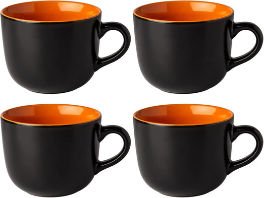 Jumbo Soup Mugs with Handles, 24 Oz Large Coffee Mugs Set of 4, Ceramic Soup Bowls for Coffee,Cereal,Snacks,Salad,Noodles Etc Soup Cups,Microwave&Dishwasher Safe-Orange Inside