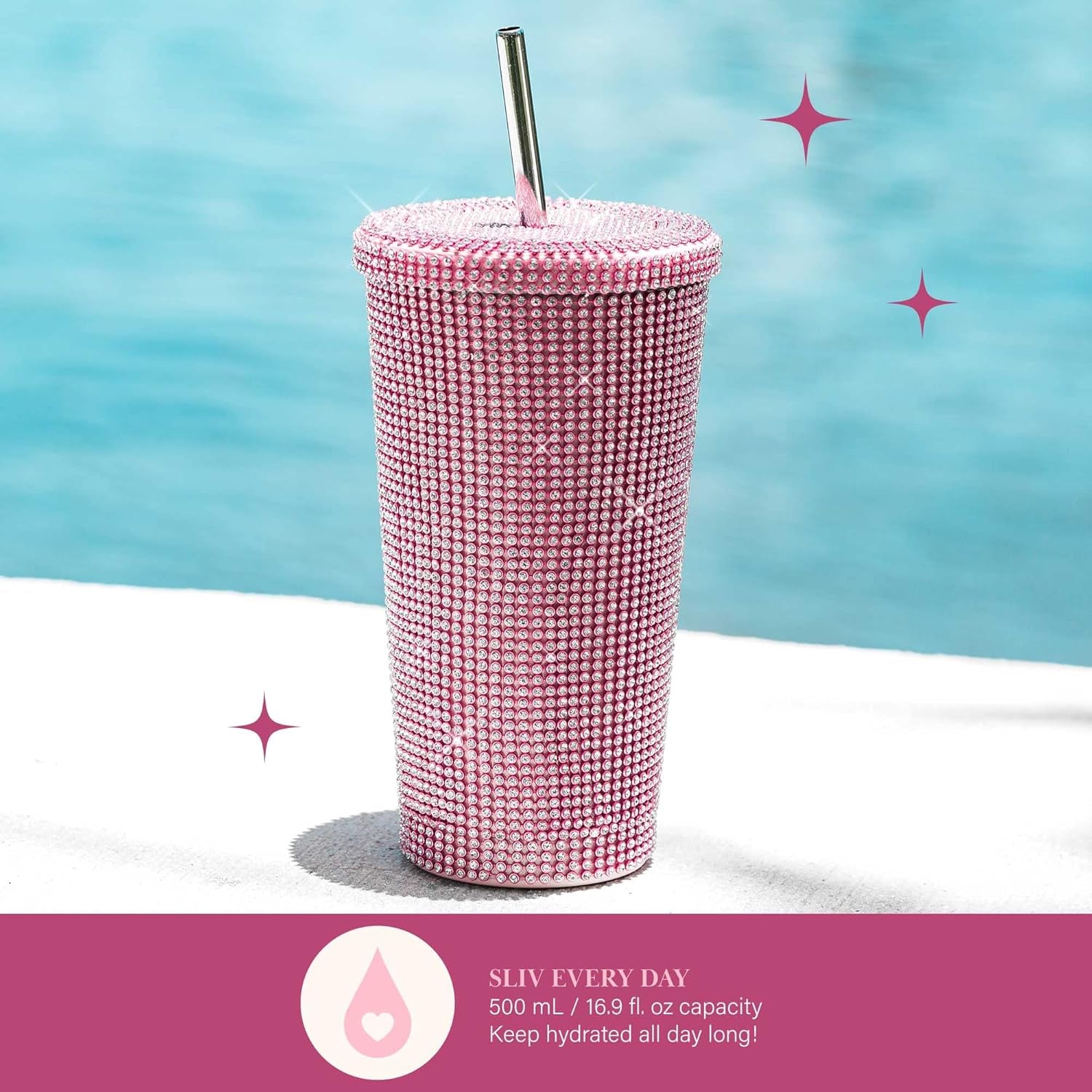 Paris Hilton Diamond Bling Water Tumbler with Lid and Straw, Vacuum Insulated Stainless Steel, Bedazzled with over 3700 Rhinestones, 16.9-Ounce, Pink