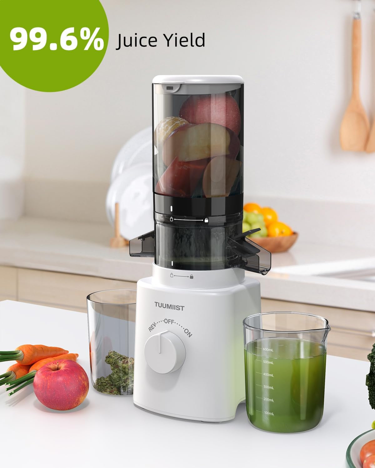 Juicer Machines, TUUMIIST Cold Press Juicer with 4.25'' Large Feed Chute Fit Whole Vegetable and Fruit, Masticating Juicer Easy to Clean, BPA Free (White)