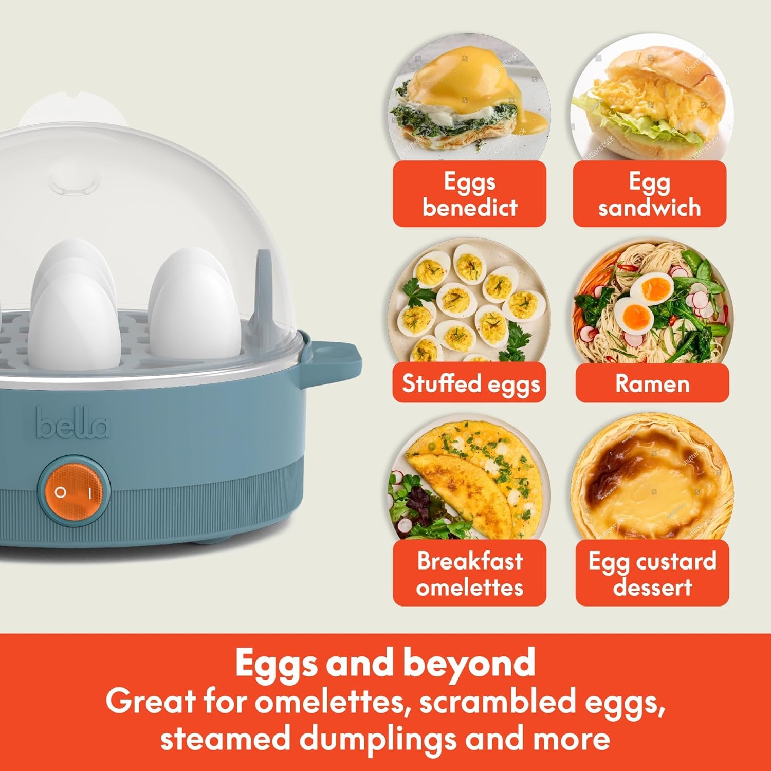 Bella Electric Egg Cooker, 7 Eggs Capacity Tray, Single Stack, for Poached, Scrambled, Hard, Medium & Soft Boiled Eggs, Omelets and Steamed Dumplings, Auto Shutoff, 360 Watt, Surf