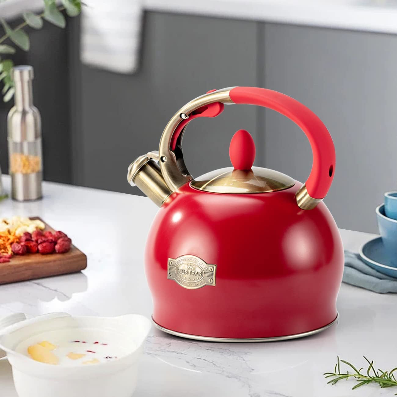 SUSTEAS Stove Top Whistling Tea Kettle - Food Grade Stainless Steel Teakettle Teapot with Cool Touch Ergonomic Handle, with 1 Silicone Pinch Mitt Included, 2.64 Quart(Red)