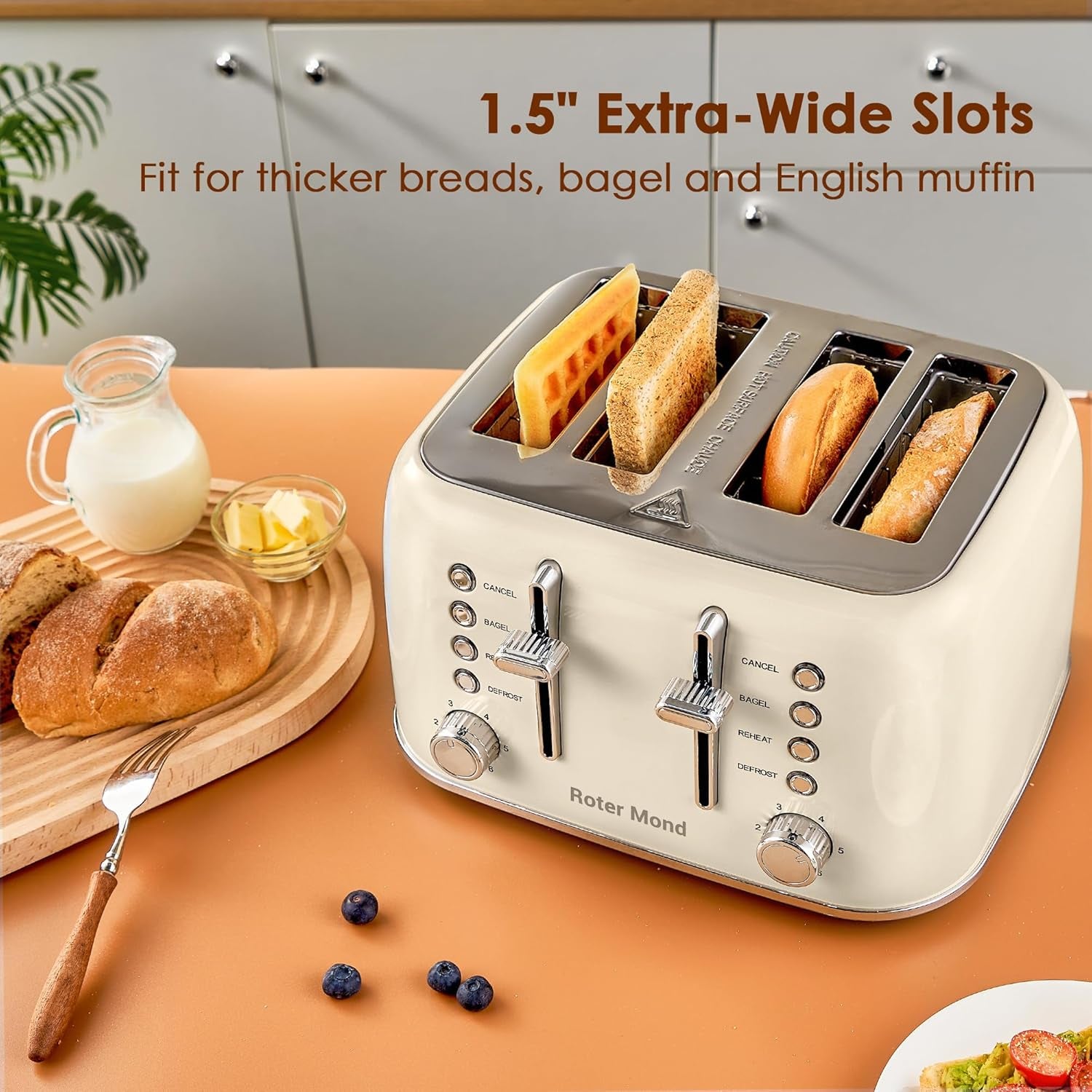 Roter Mond Retro Stainless Steel Toaster 4 Slice Extra Wide 6 Browning Levels Cream White