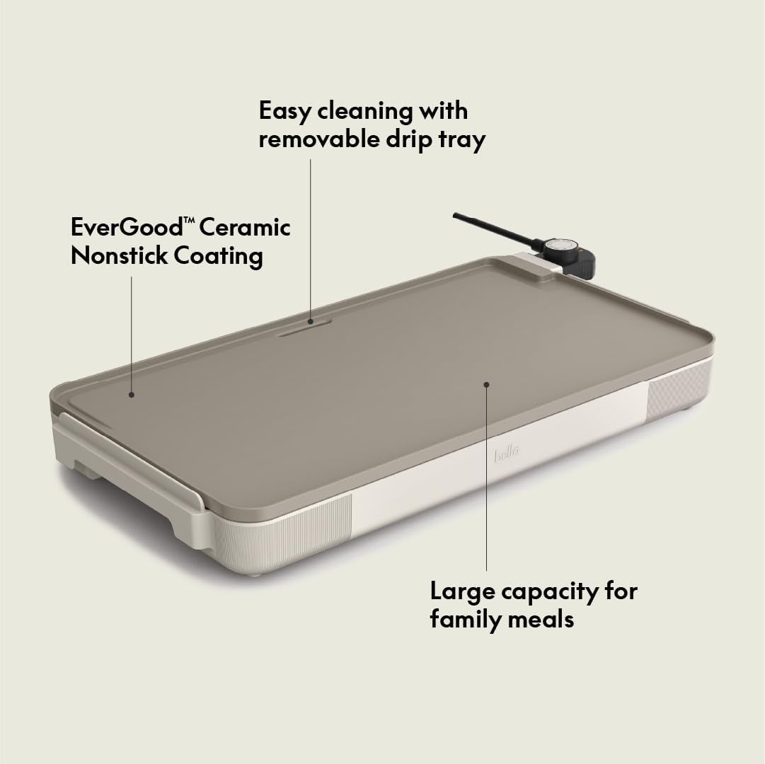 Bella 12" X 22" Electric Griddle with Evergood™ Ceramic Nonstick Coating, Removable Temperature Probe, Dishwasher-Safe Drip Tray & Cool Touch Handles, Cook up to 15 Eggs, 1500 Watt, Oatmilk