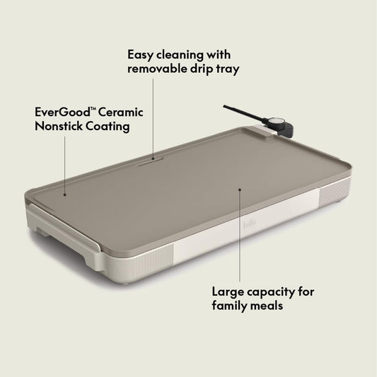 Bella 12" X 22" Electric Griddle with Evergood™ Ceramic Nonstick Coating, Removable Temperature Probe, Dishwasher-Safe Drip Tray & Cool Touch Handles, Cook up to 15 Eggs, 1500 Watt, Oatmilk