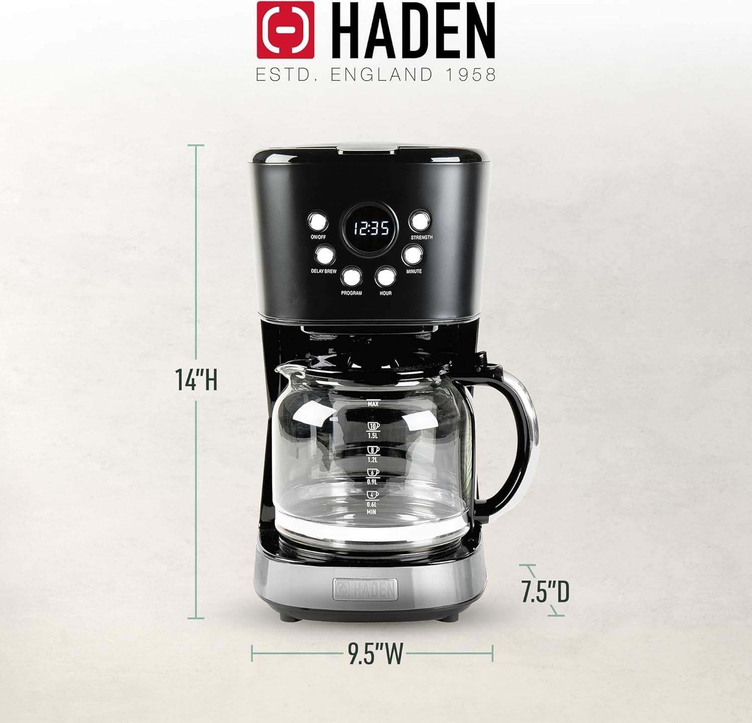 Haden Coffee Machine, 12 Cup Programmable Drip Coffee Maker with Auto Shut-Off Function and Reusable Washable Water Filter, Black & Chrome