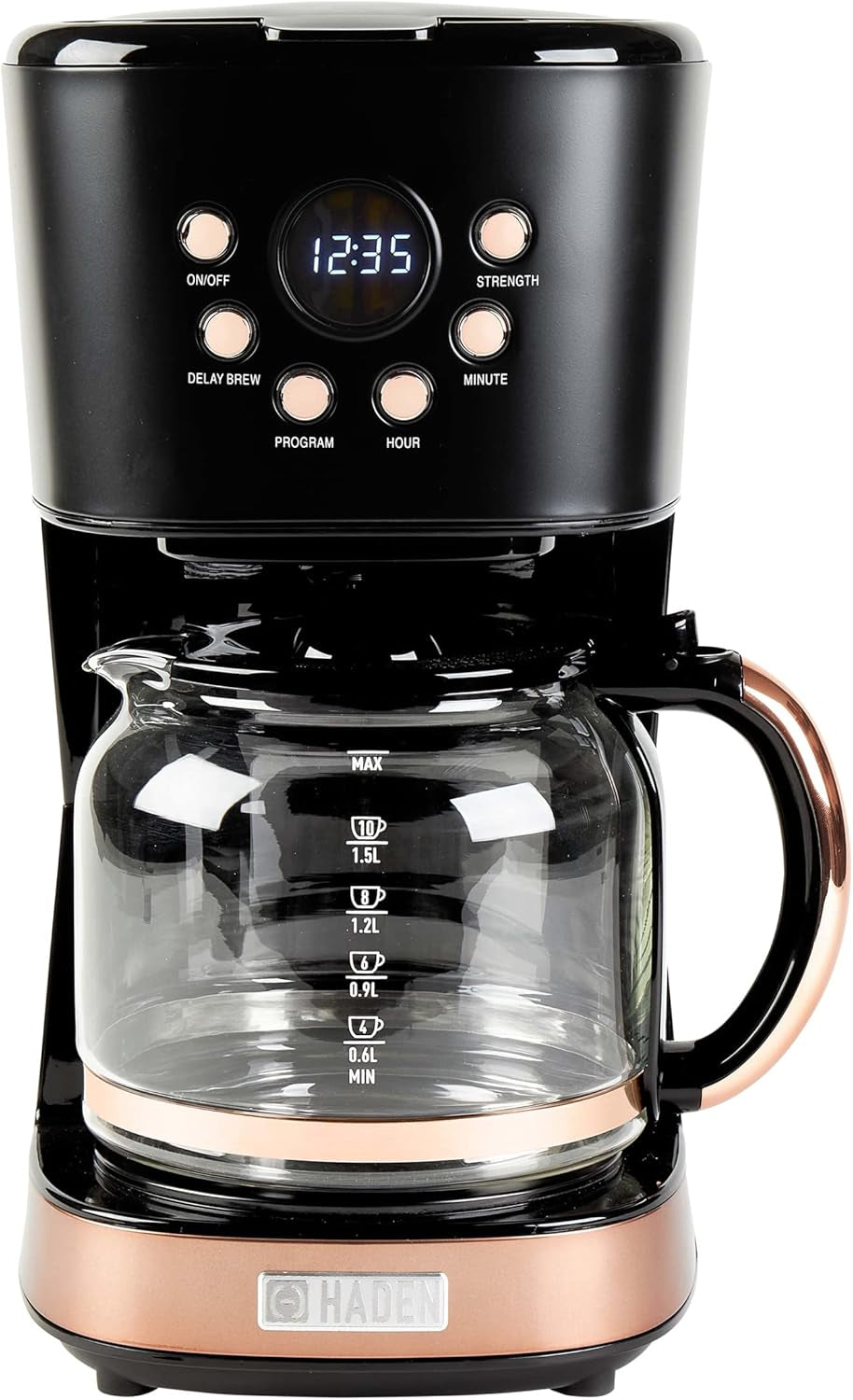 Haden Coffee Machine, 12 Cup Programmable Drip Coffee Maker with Auto Shut-Off Function and Reusable Washable Water Filter, Black & Copper