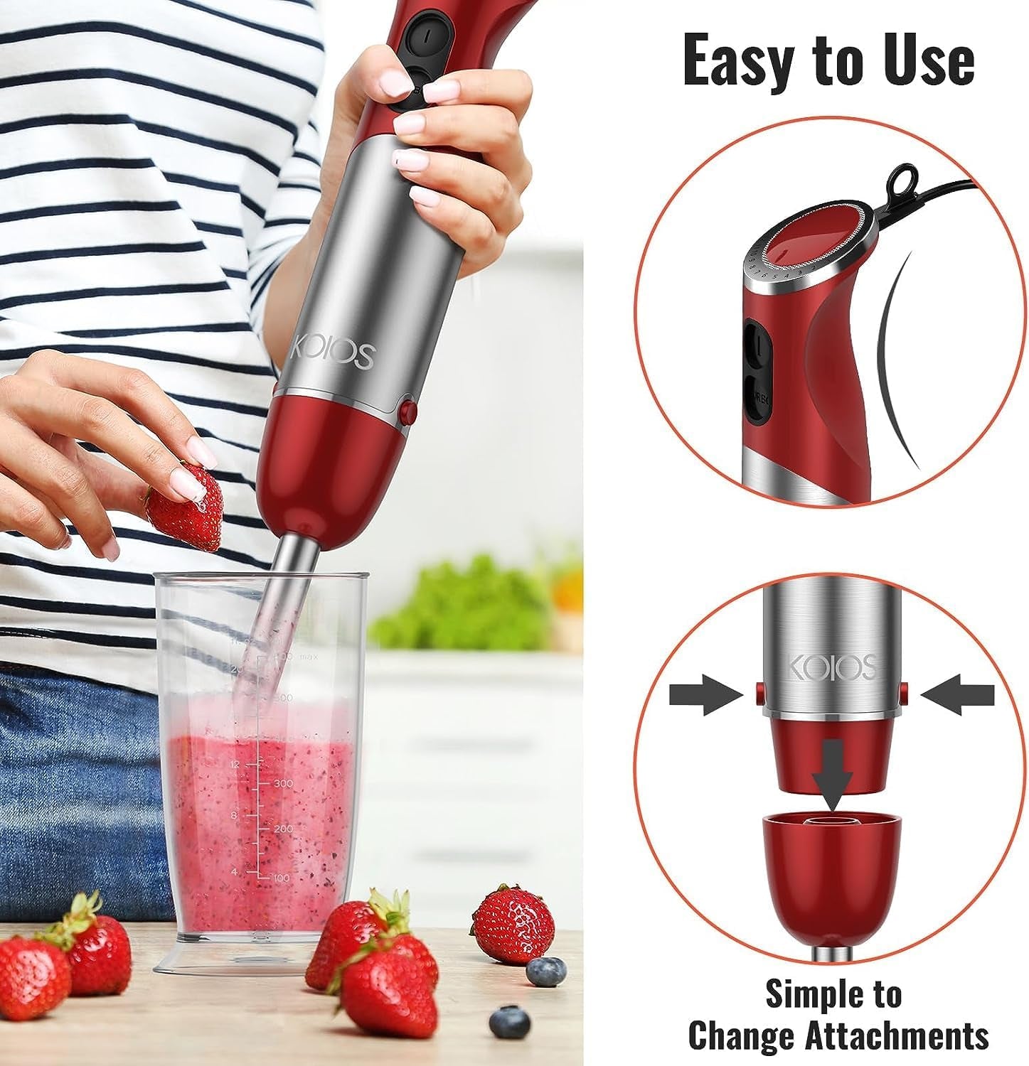 KOIOS 5-In-1 Hand Immersion Blender, 1000W 12 Speed Handheld Blender, Copper Motor Stainless Steel Blade Stick Blender,600Ml Mixing Beaker,500Ml Food Processor, Whisk, Milk Frother, Bpa-Free, Red