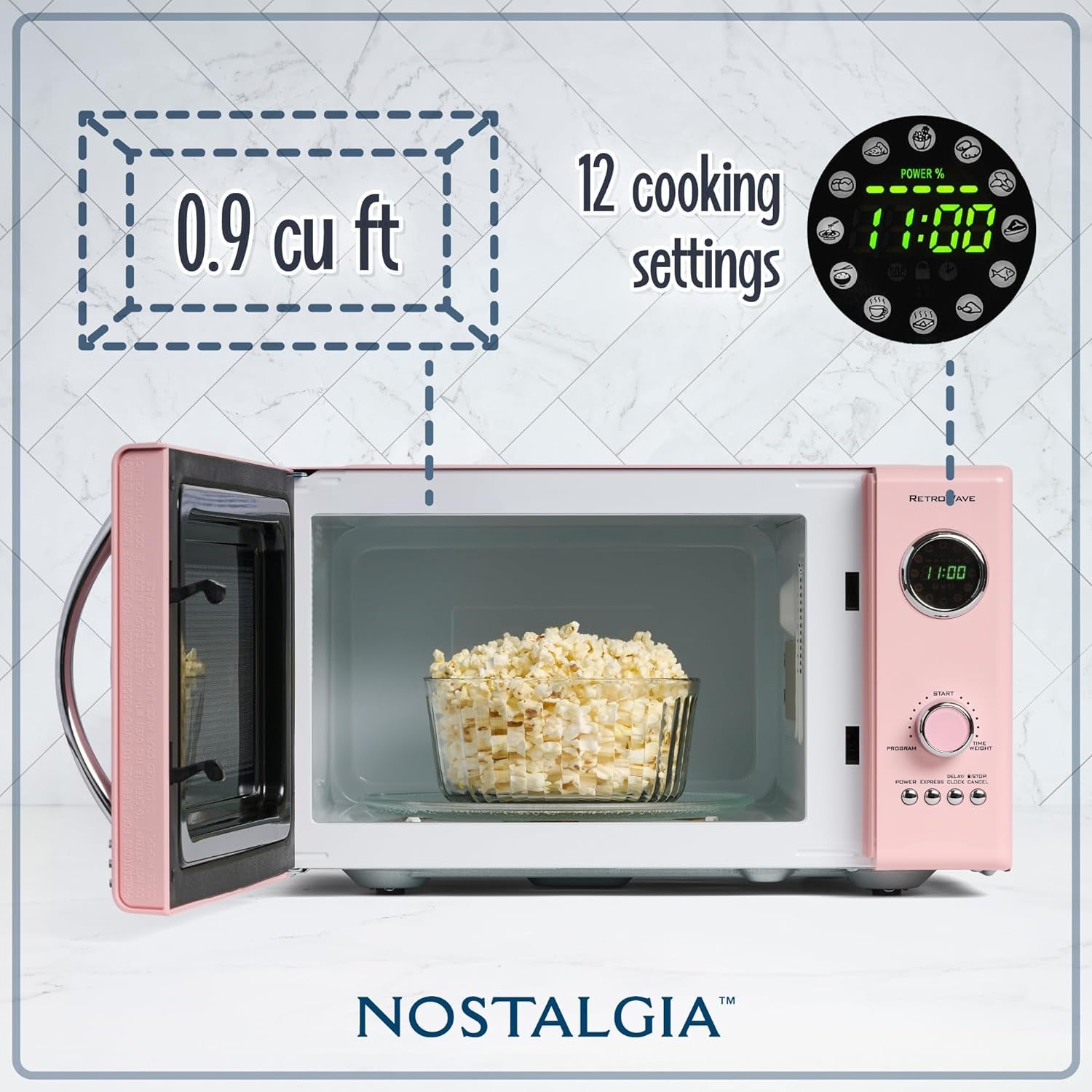 Nostalgia Retro Countertop Microwave Oven - Large 800-Watt - 0.9 Cu Ft - 12 Pre-Programmed Cooking Settings - Digital Clock - Kitchen Appliances - Pink