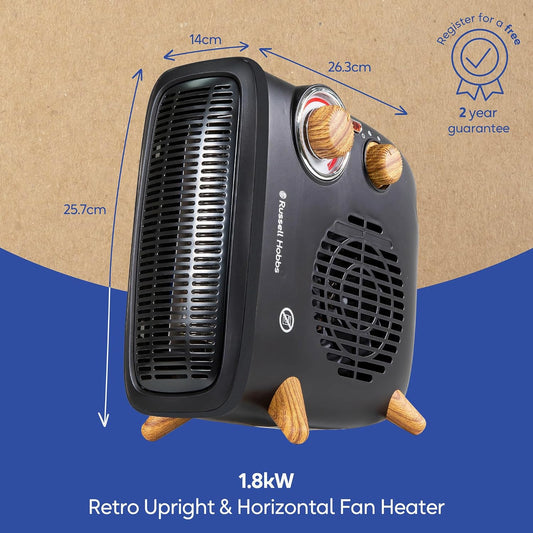 Russell Hobbs Retro Electric Heater 2 Heat Settings 1800W Wood Effect in Black