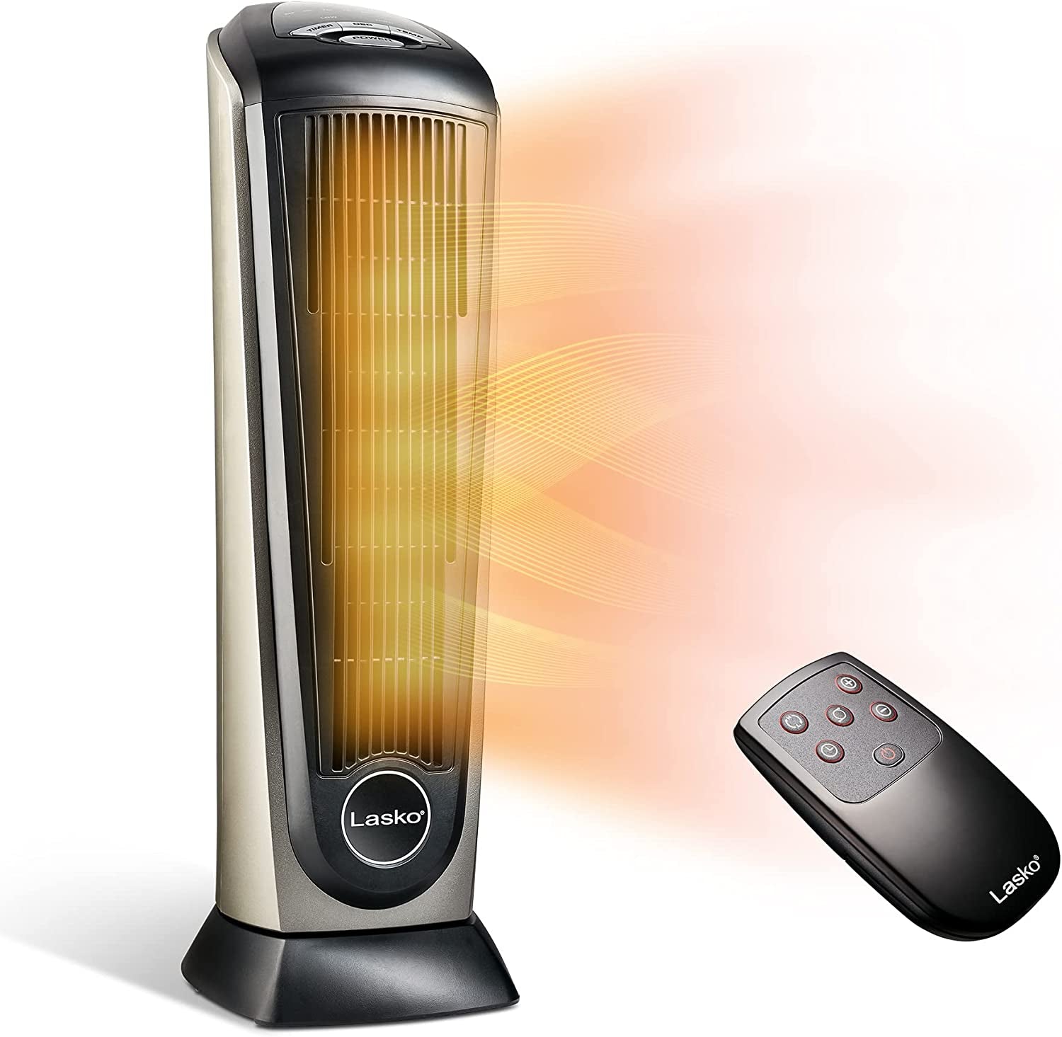 Lasko Oscillating Ceramic Tower Space Heater for Home with Adjustable Thermostat, Timer and Remote Control, 22.5 Inches, Grey/Black, 1500W, 751320