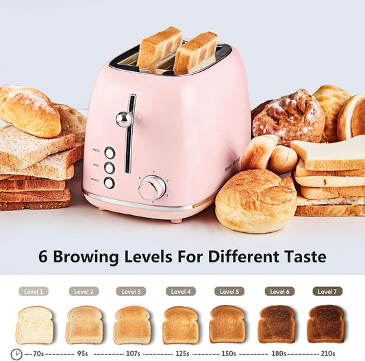 Roter Mond Retro Stainless Steel 2 Slice Toaster 6 Bread Shade Settings Pink