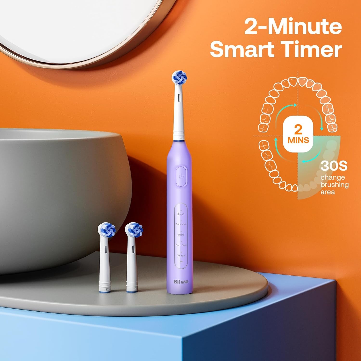 Bitvae Electric Toothbrush 8 Brush 5 Modes Brushing Purple