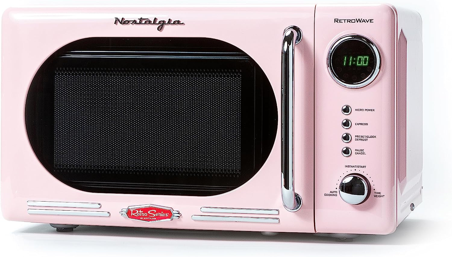 Nostalgia Retro Compact Countertop Microwave Oven - 0.7 Cu. Ft. - 700-Watts with LED Digital Display - Child Lock - Easy Clean Interior - Pink