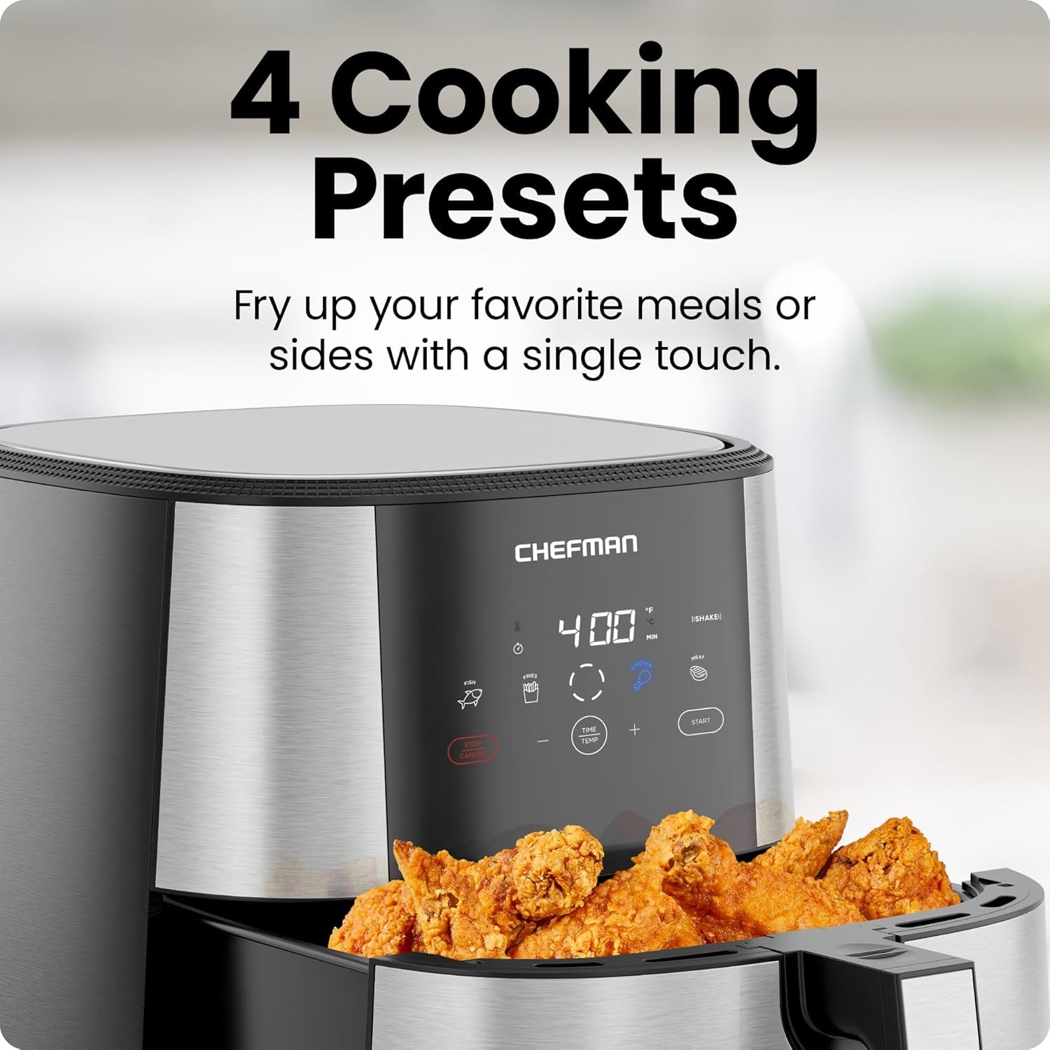 Chefman Turbofry® Touch Air Fryer, XL 8-Qt Family Size, One-Touch Digital Control Presets, French Fries, Chicken, Meat, Fish, Nonstick Dishwasher-Safe Parts, Automatic Shutoff, Stainless Steel