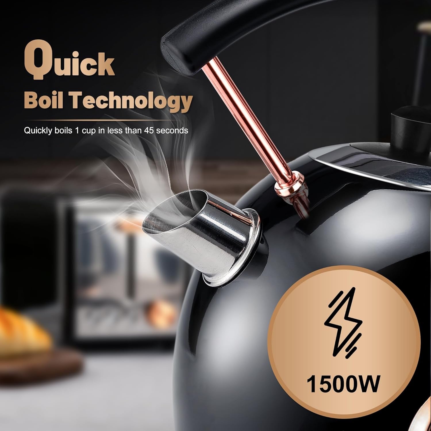 Retro Electric Kettle 1.7L, Stainless Steel Portable Fast Boiling, Cordless with LED Light, Unique Appearance with Temperature Gauge, Auto Shut-Off&Boil-Dry Protection (Black)