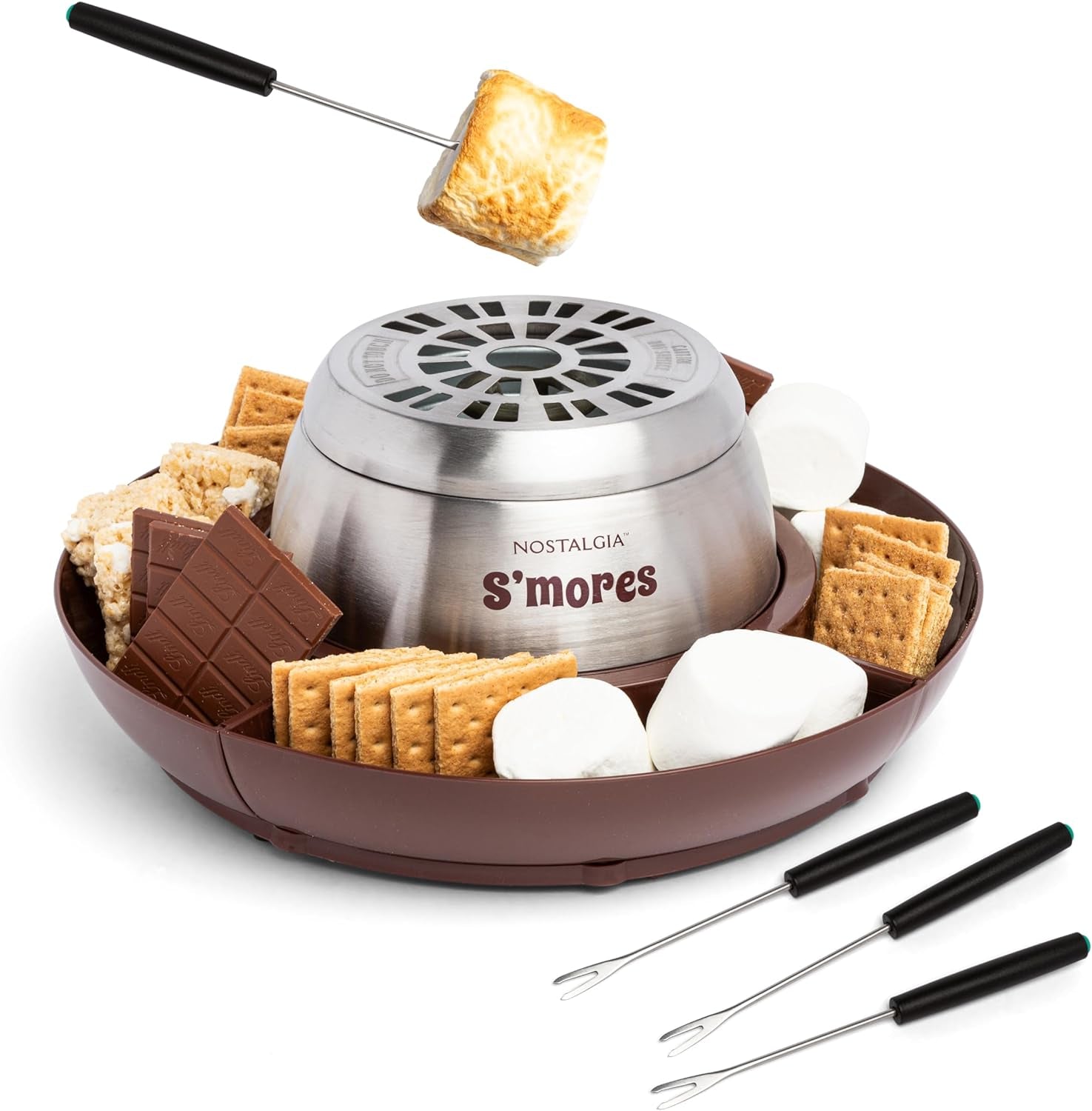 Nostalgia Indoor Electric Stainless Steel S'Mores Maker with 4 Lazy Susan Compartment Trays for Graham Crackers, Chocolate, Marshmallows and 4 Roasting Forks, Brown