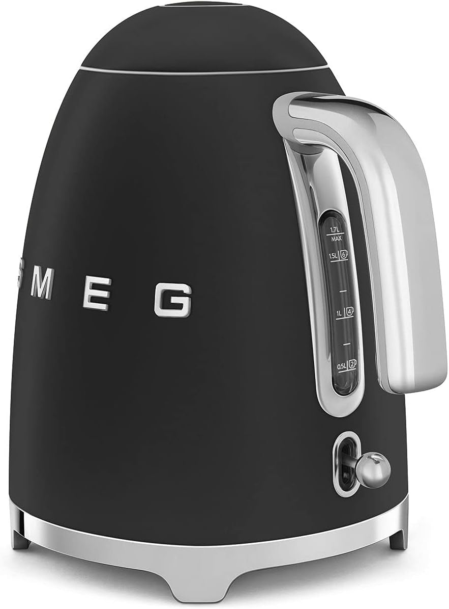 SMEG 50'S Retro Style Electric Water Kettle with Automatic Shutoff, Removable Base, and Water Indicator, KLF03BLMUS, Matte Black