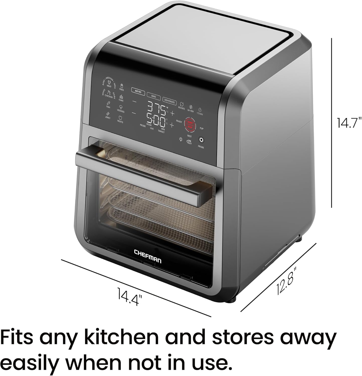 CHEFMAN Exactemp™ 12 Quart 5-In-1 Air Fryer with Integrated Smart Cooking Thermometer, 28 Touchscreen Presets, Rotisserie, Dehydrator, Bake, XL Convection Oven with Auto Shutoff, Black