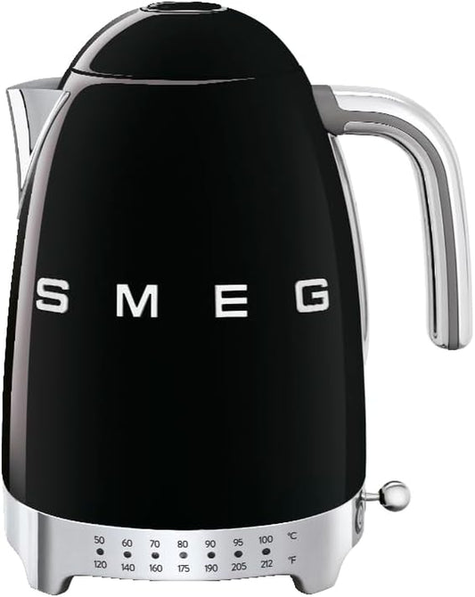 Smeg 50'S Retro 7 Cup Stainless Steel Variable Temperature Electric Kettle with 7 Temperature Settings, Led Display, Swivel Base and Keep Warm Function Black KLF04BLUS