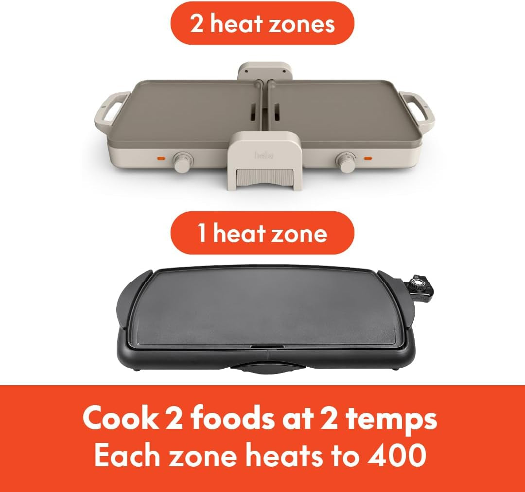 Bella 10"X 20" Ceramic Fold-N-Store Dual Temp Griddle, Fits-Anywhere Kitchenware, Evergood Ceramic Nonstick Coating, 2 Temperature Zones up to 400°F​, Dishwasher Safe Drip Tray, 1500 Watt, Oatmilk