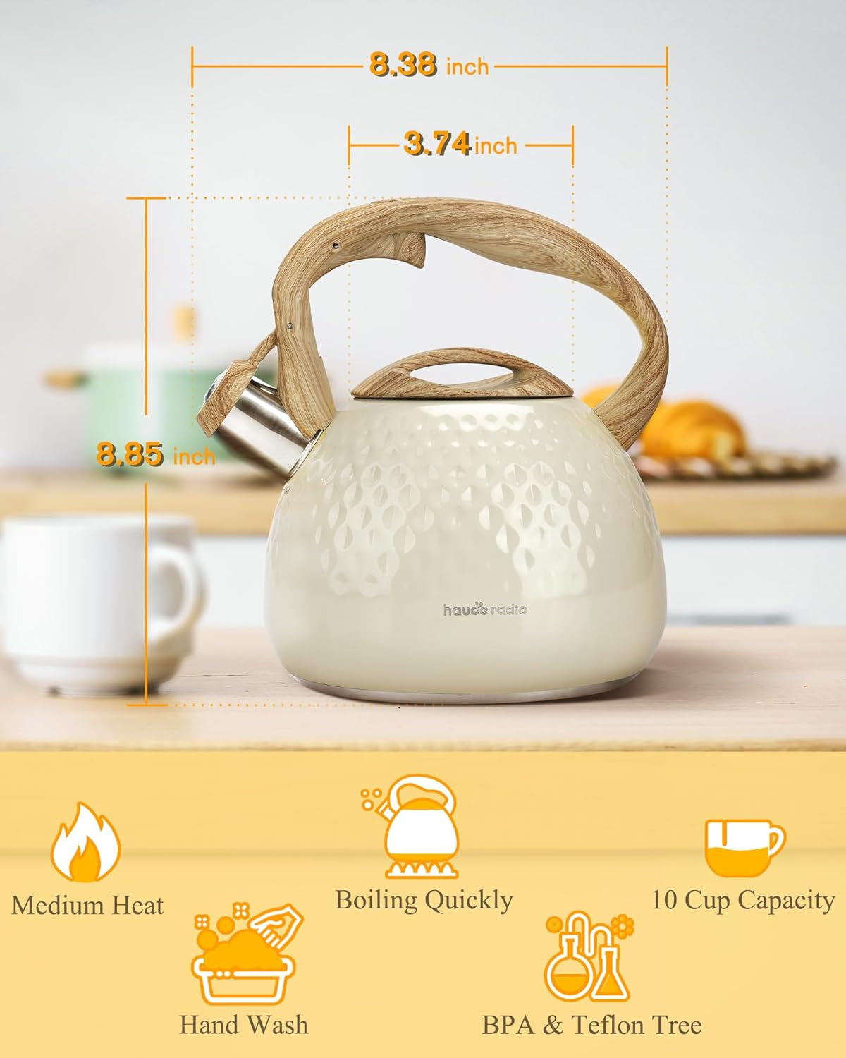 Tea Kettle Stovetop Teapot, 2.5 Quart Loud Whistle Food Grade Stainless Steel and Smooth Wood Pattern Handle, Sophisticated Look for Hiking, Picnic, for Tea, Coffee Milky White