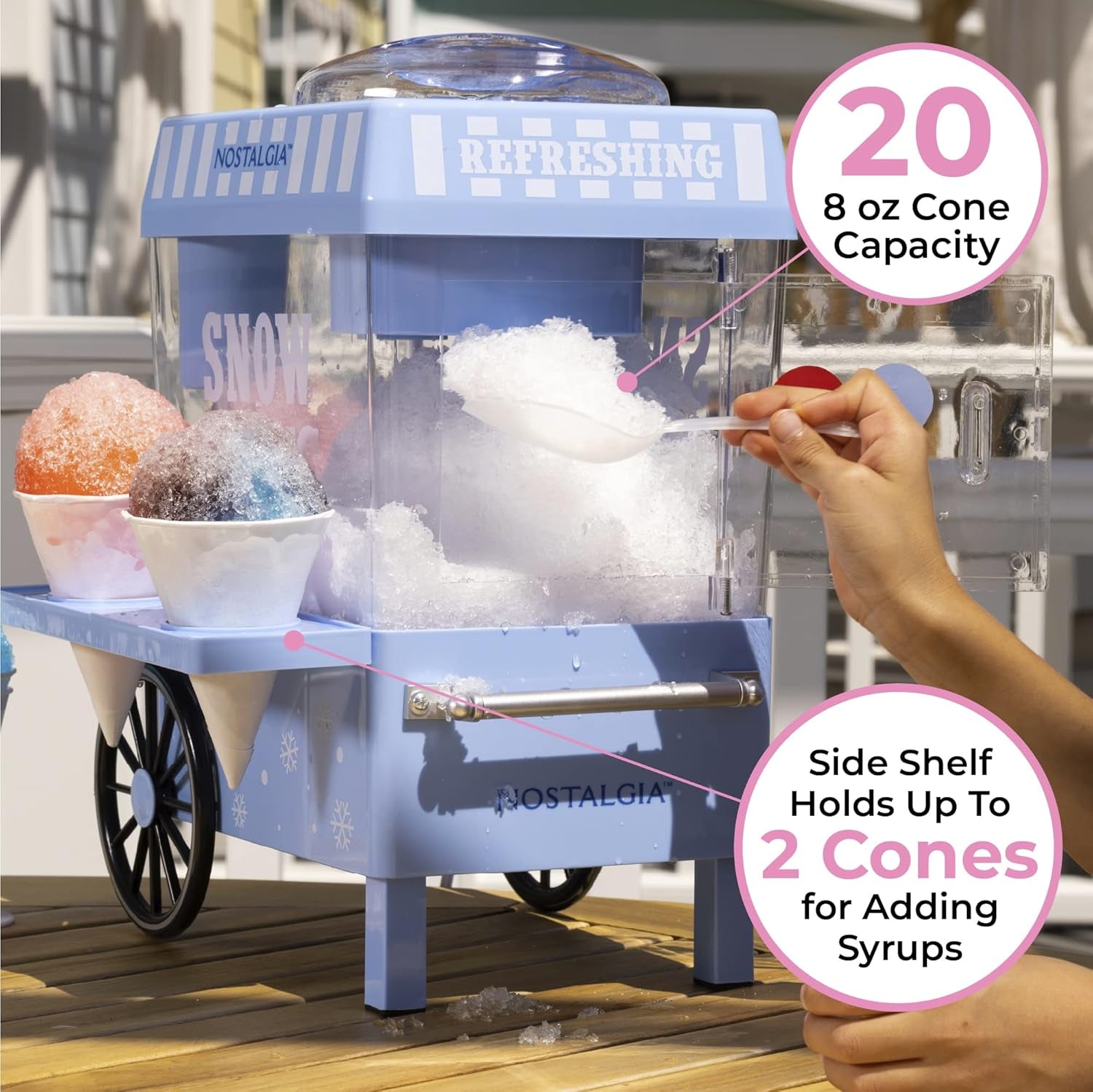 Nostalgia Snow Cone Shaved Ice Machine - Retro Table-Top Slushie Machine Makes 20 Icy Treats - Includes 2 Reusable Plastic Cups & Ice Scoop - Blue