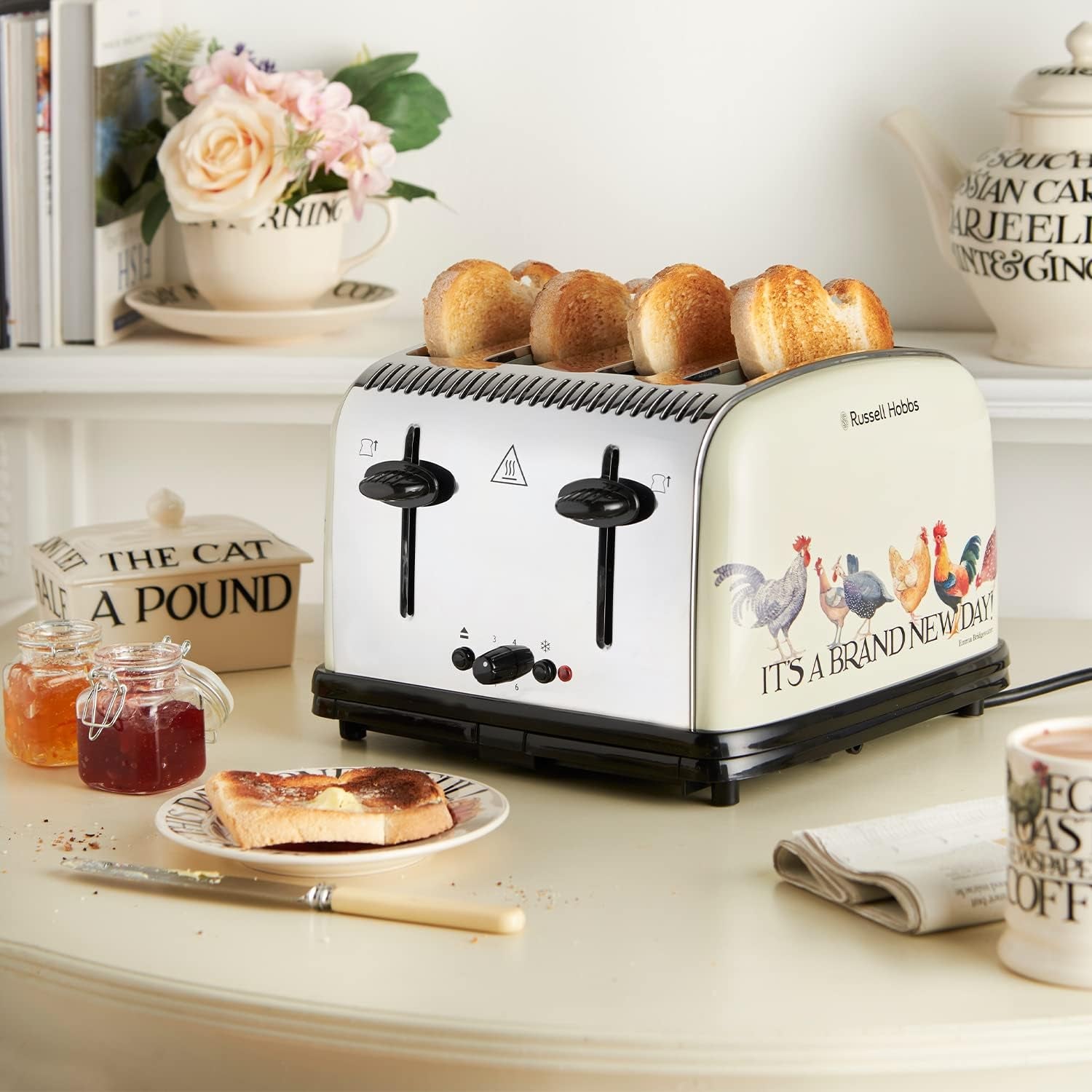 Emma Bridgewater Rise & Shine 4 Slice Toaster - (Independent & Wide Slots, 7 Browning Settings, Frozen/Cancel/Reheat with Illuminated Lights, Removable Crumb Trays, 1500W, Cream) 25780