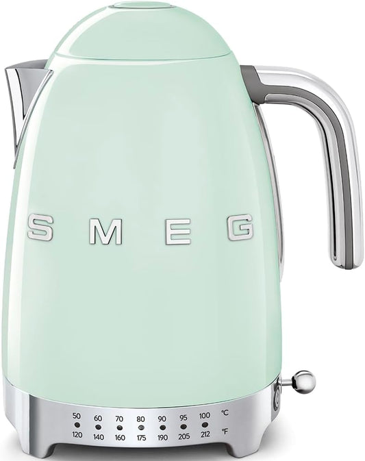 Smeg 50'S Retro 7 Cup Stainless Steel Variable Temperature Electric Kettle with 7 Temperature Settings, Led Display, Swivel Base and Keep Warm Function Pastel Green KLF04PGUS