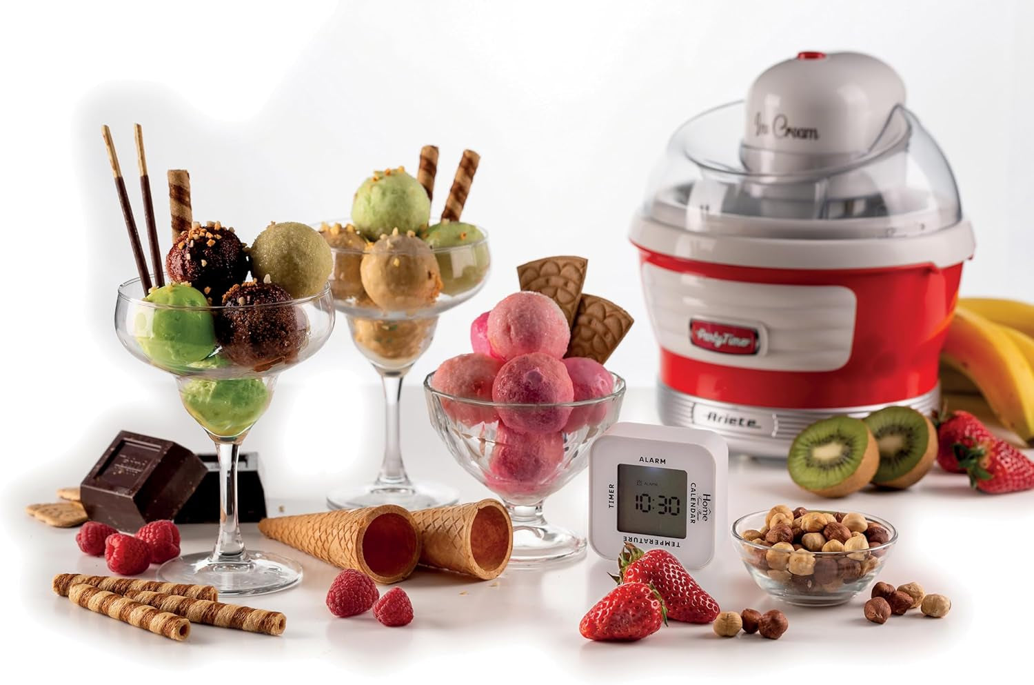 Ariete 643 Ice Cream Maker Party Time, Macchina per Fare Il Gelato, 12W, Capacità 1,5 L, Cestello Estraibile Con Doppio Isolamento, Tempo Preparazione 30 Minuti, Coperchio per Aggiunta Ingredienti,