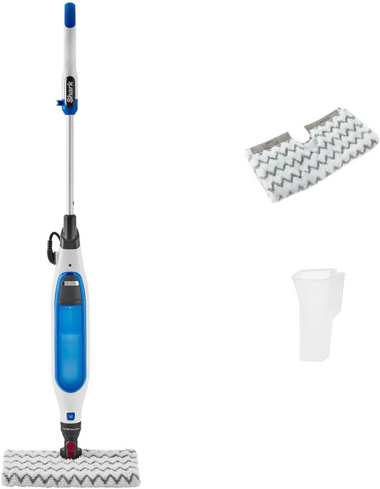 Shark Flip Steam Mop with Steam Blaster 2 Machine Washable Cleaning Pads & Fill Flask White & Blue