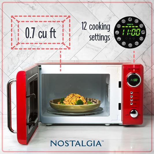 Nostalgia Retro Compact Countertop Microwave Oven - 0.7 Cu. Ft. - 700-Watts with LED Digital Display - Child Lock - Easy Clean Interior - Red