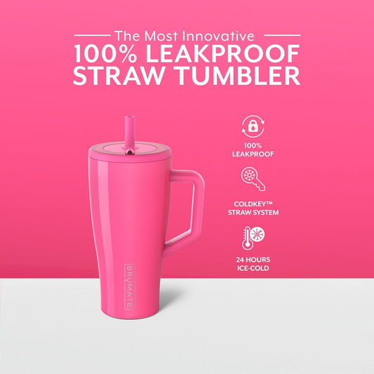 Brümate Era 30 Oz Tumbler with Handle and Straw | 100% Leakproof Insulated Tumbler with Lid and Straw | Made of Stainless Steel | Cup Holder Friendly Base | 30Oz (Neon Pink)