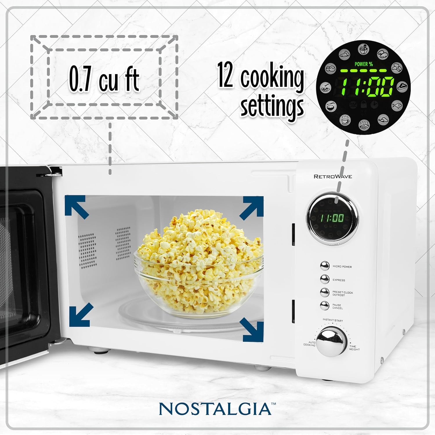 Nostalgia Retro Compact Countertop Microwave Oven - 0.7 Cu. Ft. - 700-Watts with LED Digital Display - Child Lock - Easy Clean Interior - White