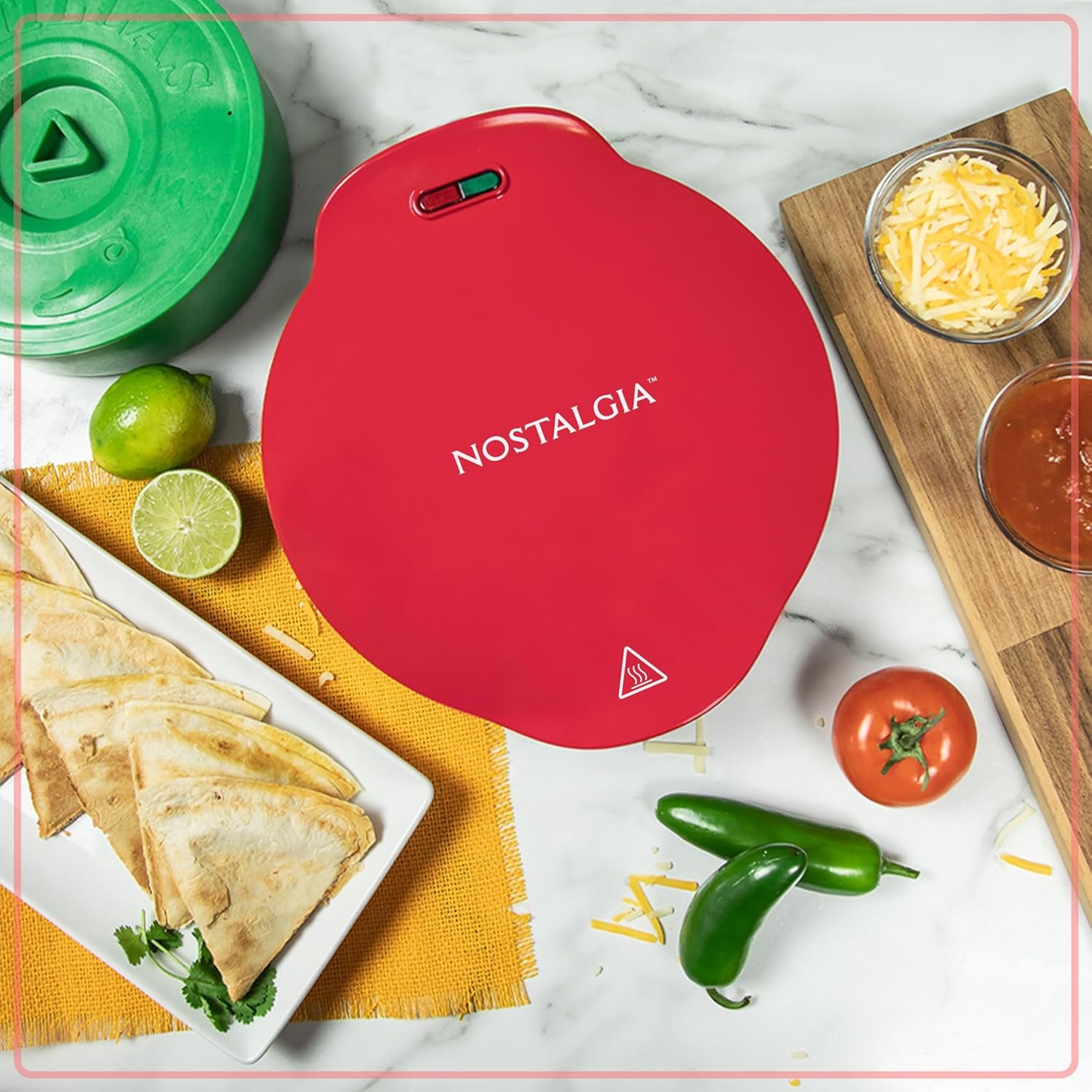 Nostalgia 6-Wedge Electric Quesadilla Maker with Extra Stuffing Latch, 8-Inch, Red