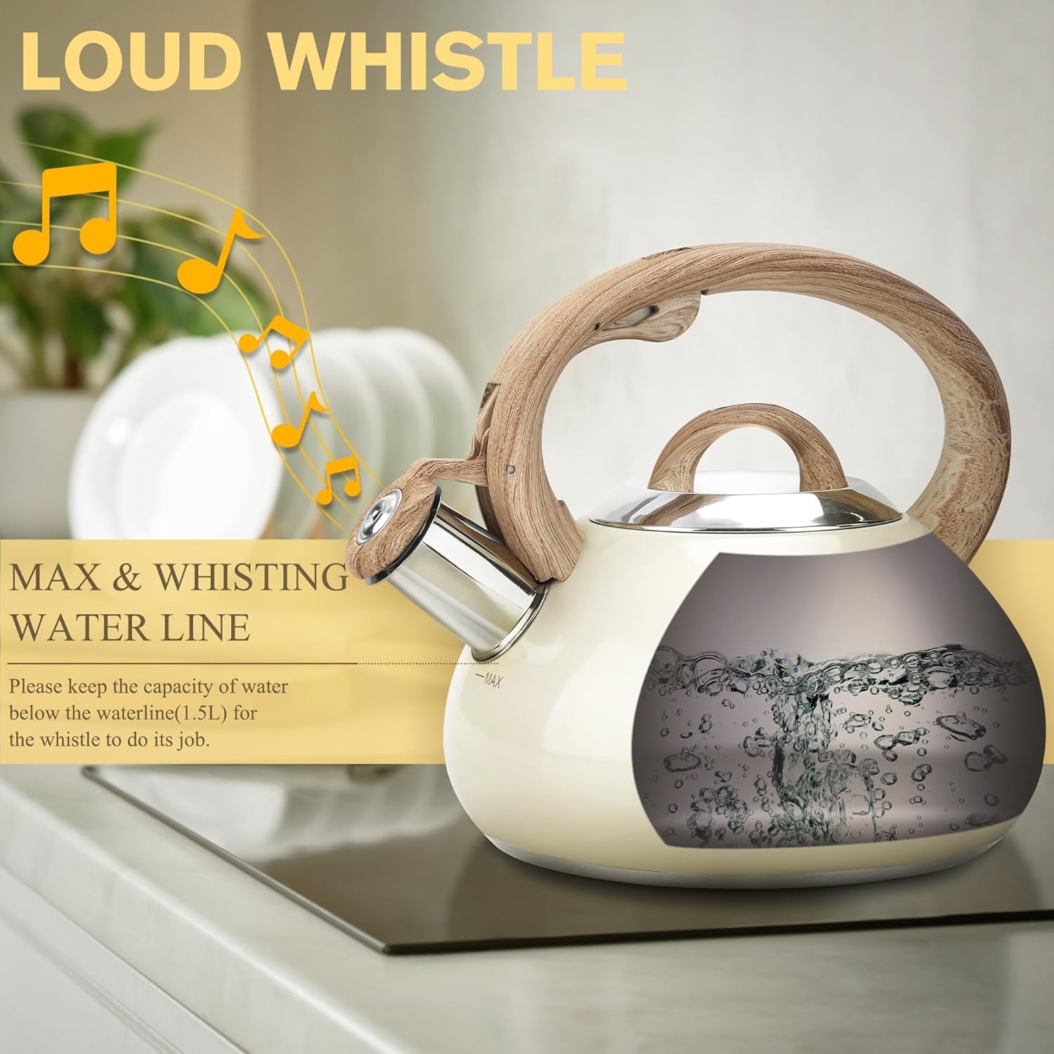 Tea Kettle,2.0Qt Loud Whistling Kettle Stovetop for Boiling Water Coffee or Milk, Food Grade Stainless Steel Tea Kettles with Wood Pattern Handle and Anti-Rust,Suitable for All Heat Sources